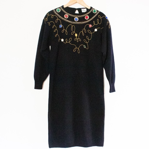 Darian Dresses & Skirts - Darian | Vintage 80's Black Jeweled Long Sleeved Sweater Dress | Size Medium